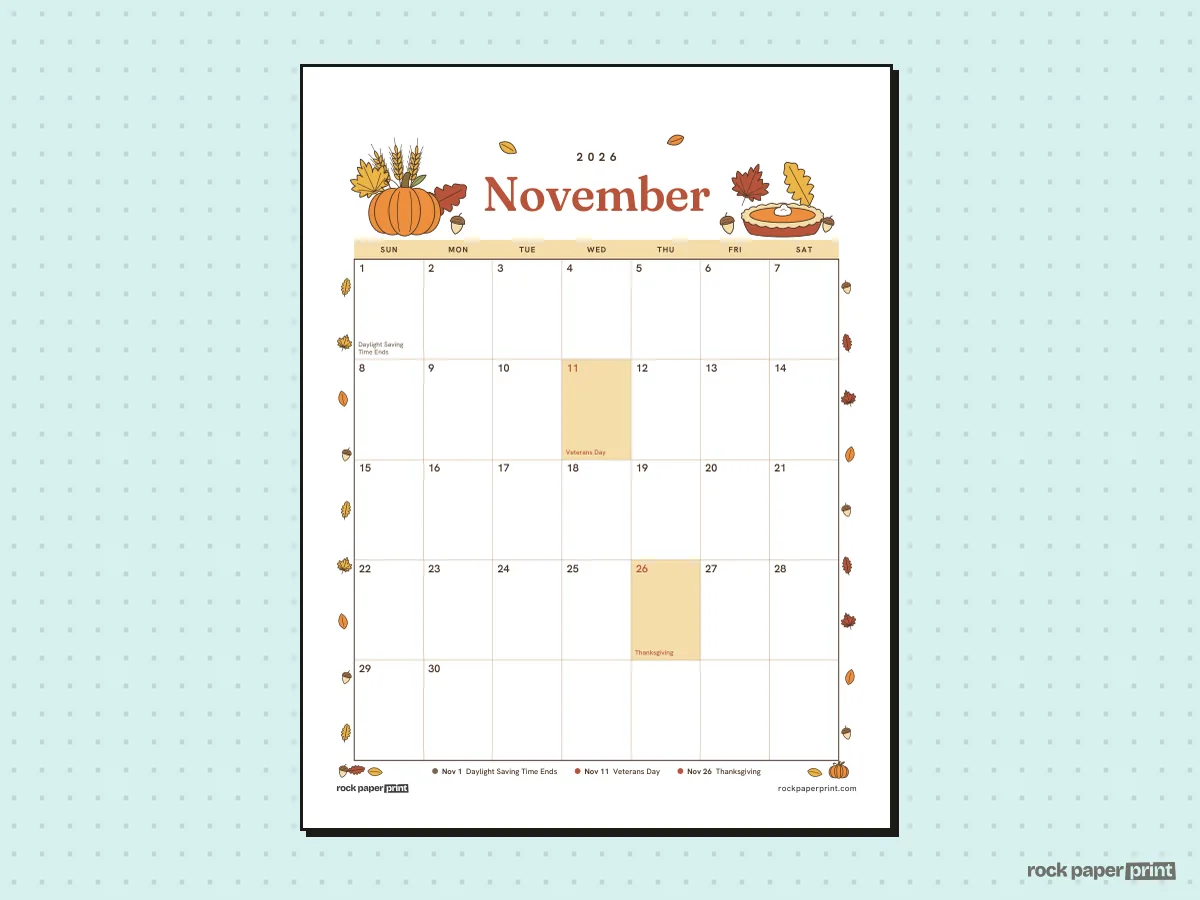 November 2026 Calendar with Holidays, Thanksgiving, printable PDF preview