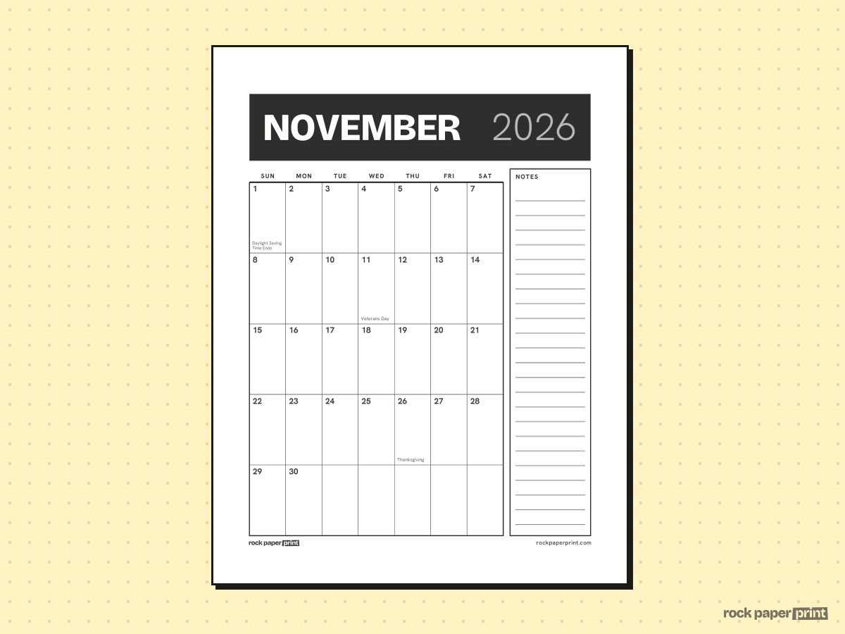 November 2026 Calendar with Notes, Bold header, printable PDF preview