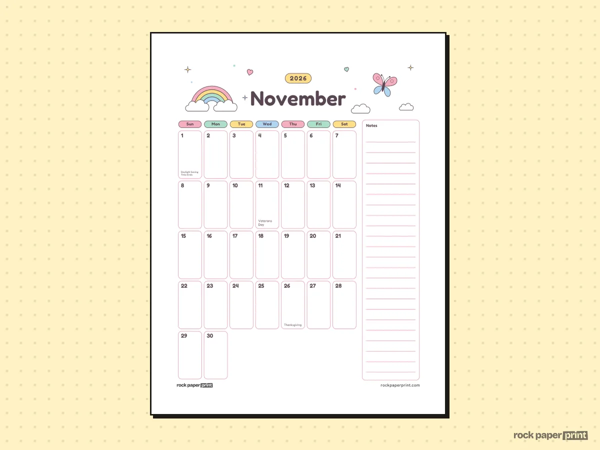 November 2026 Calendar with Notes, Cute, printable PDF preview