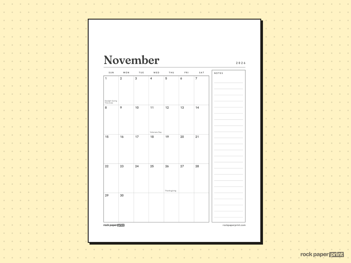 November 2026 Calendar with Notes, Plain, printable PDF preview