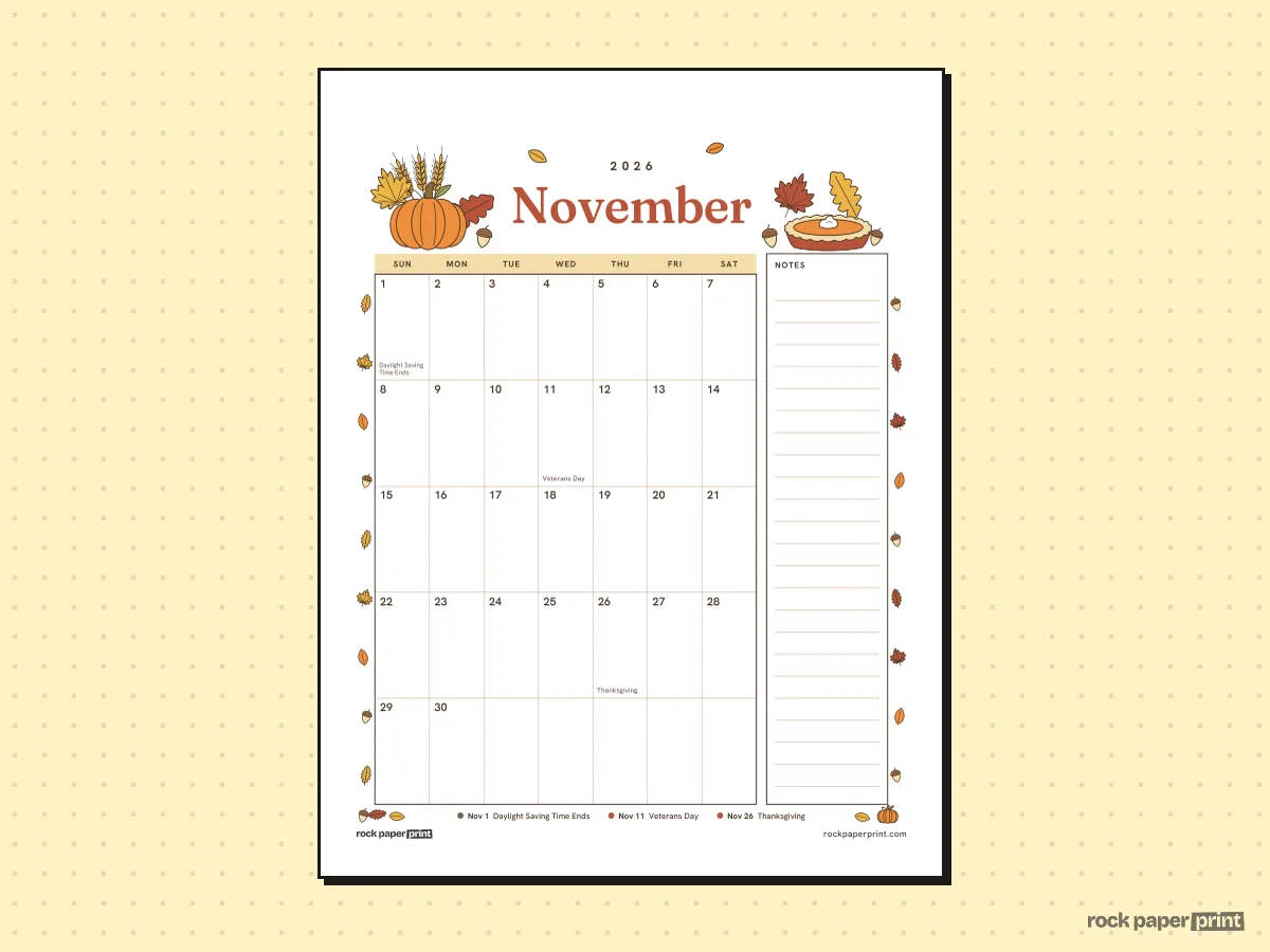 November 2026 Calendar with Notes, Thanksgiving, printable PDF preview
