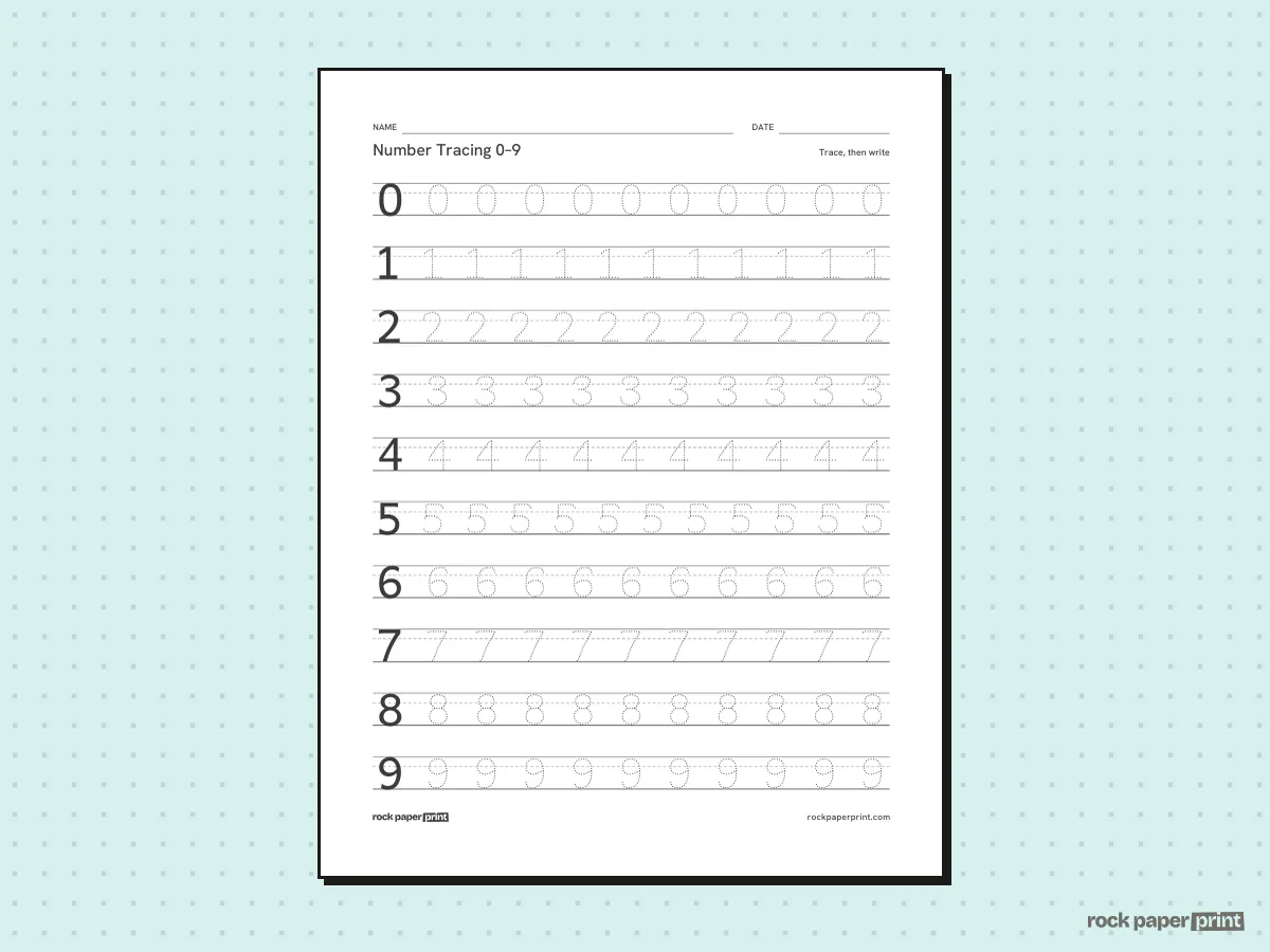 Number Handwriting Worksheets, black lines, printable PDF preview