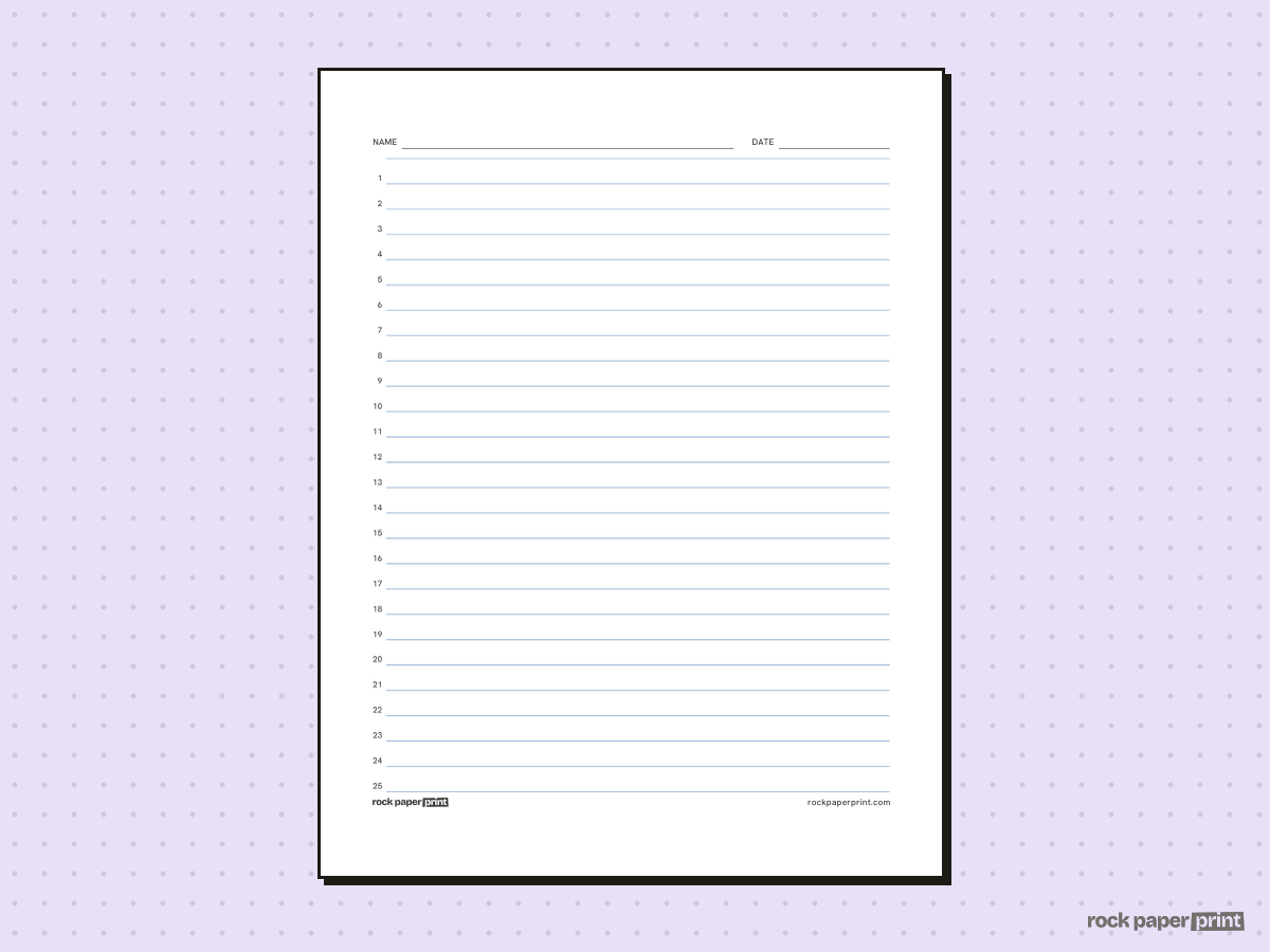 Numbered Lined Paper, classic blue lines, printable PDF preview