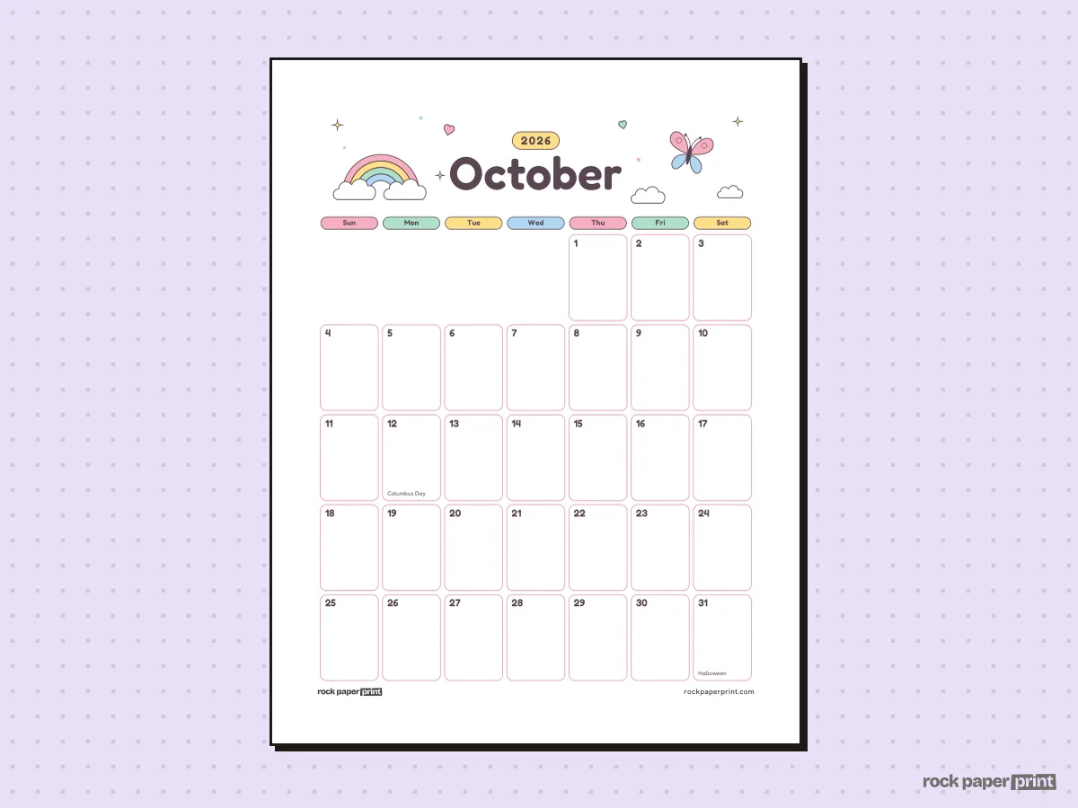 October 2026 Calendar, Cute, printable PDF preview