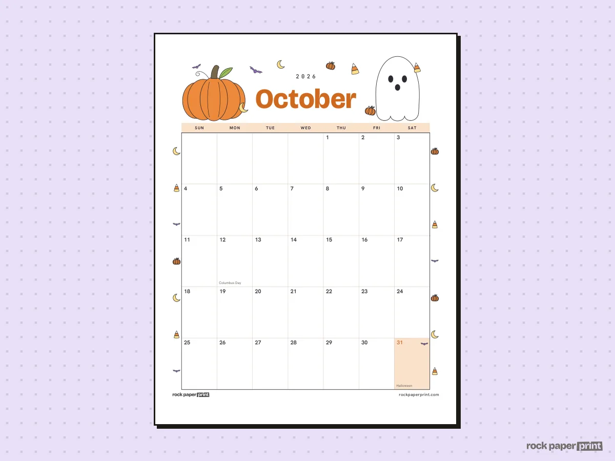 October 2026 Calendar, Halloween, printable PDF preview