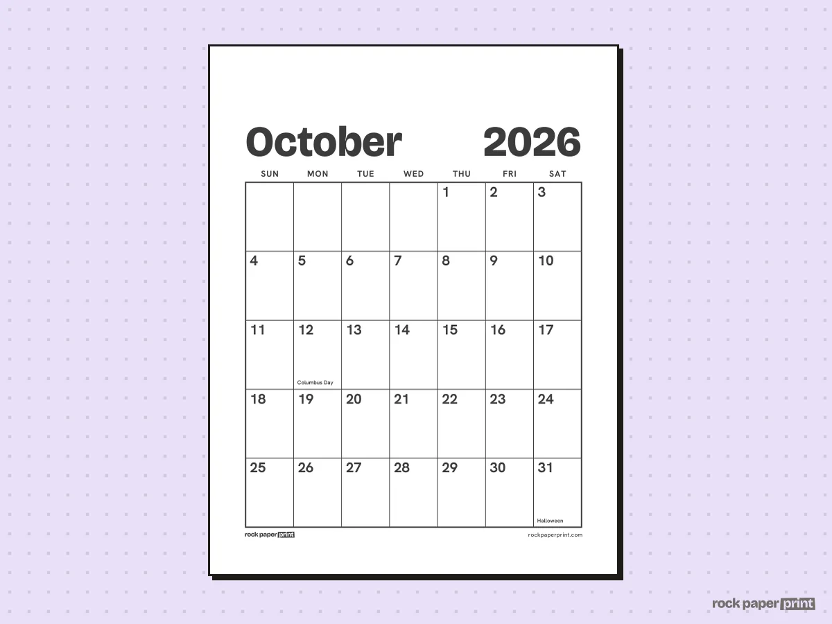 October 2026 Calendar, Large print, printable PDF preview