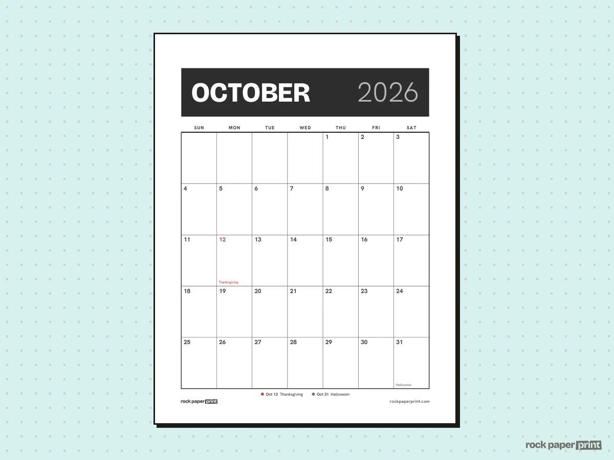 October 2026 Calendar with Canadian Holidays, Bold header, printable PDF preview