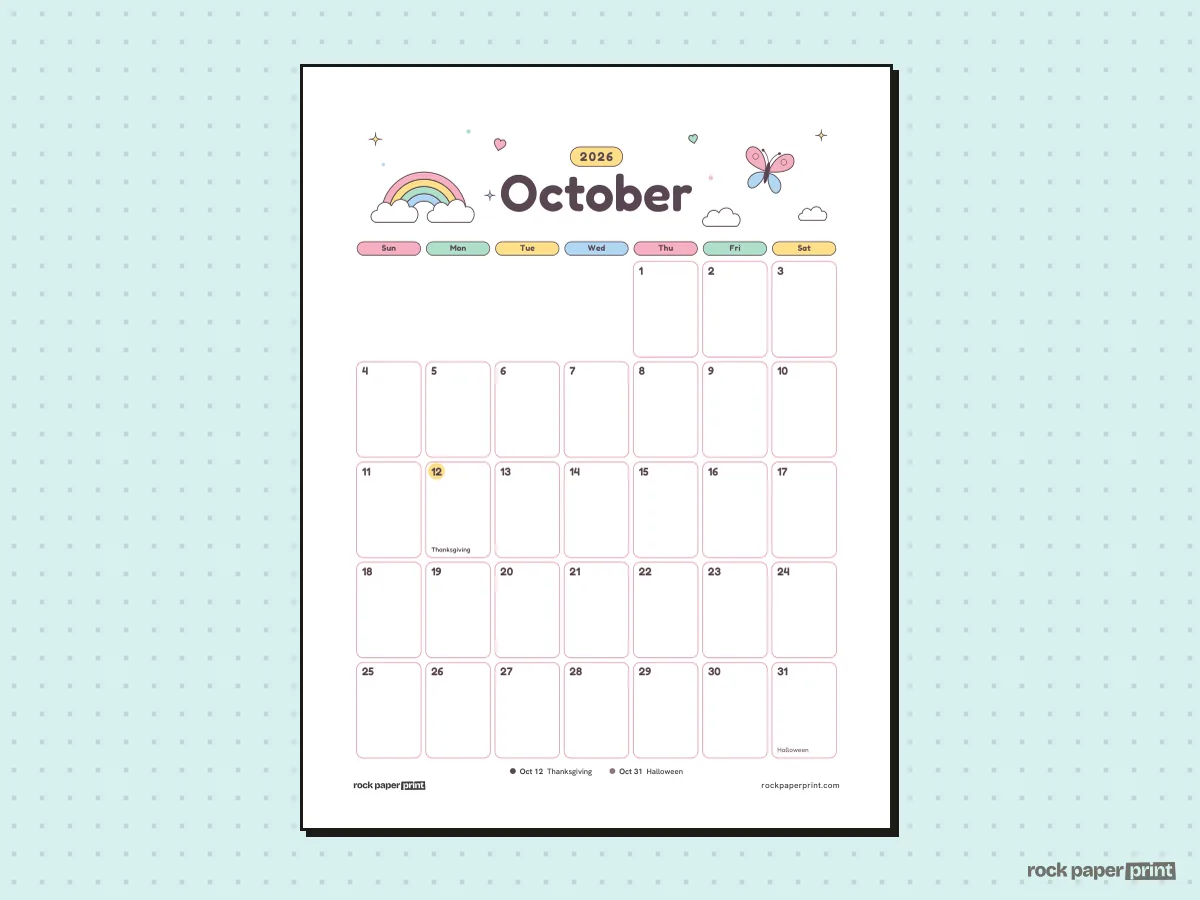 October 2026 Calendar with Canadian Holidays, Cute, printable PDF preview