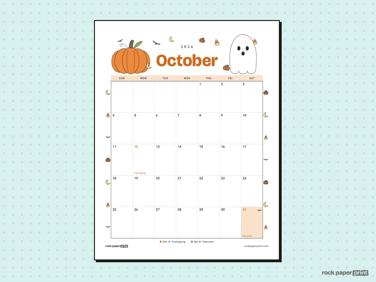 October 2026 Calendar with Canadian Holidays, Halloween, printable PDF preview