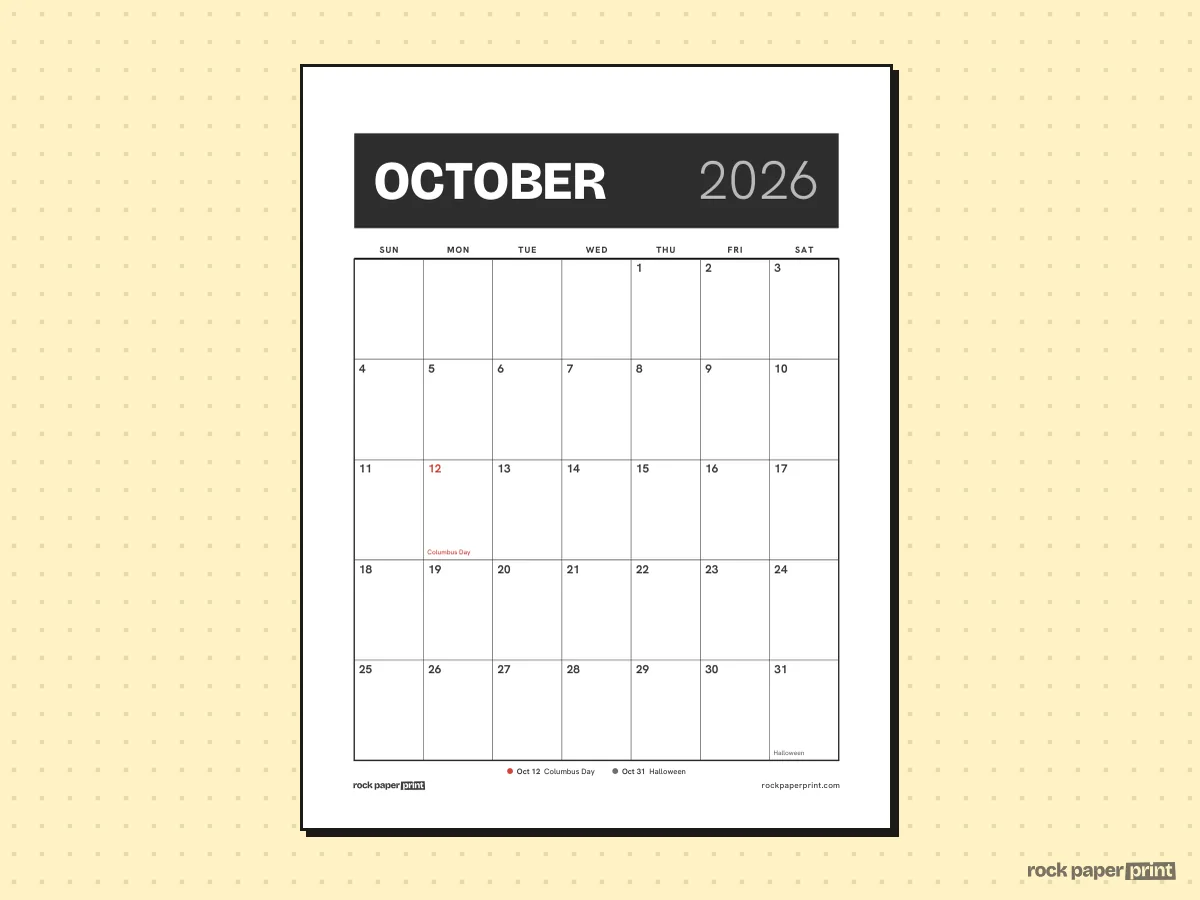 October 2026 Calendar with Holidays, Bold header, printable PDF preview
