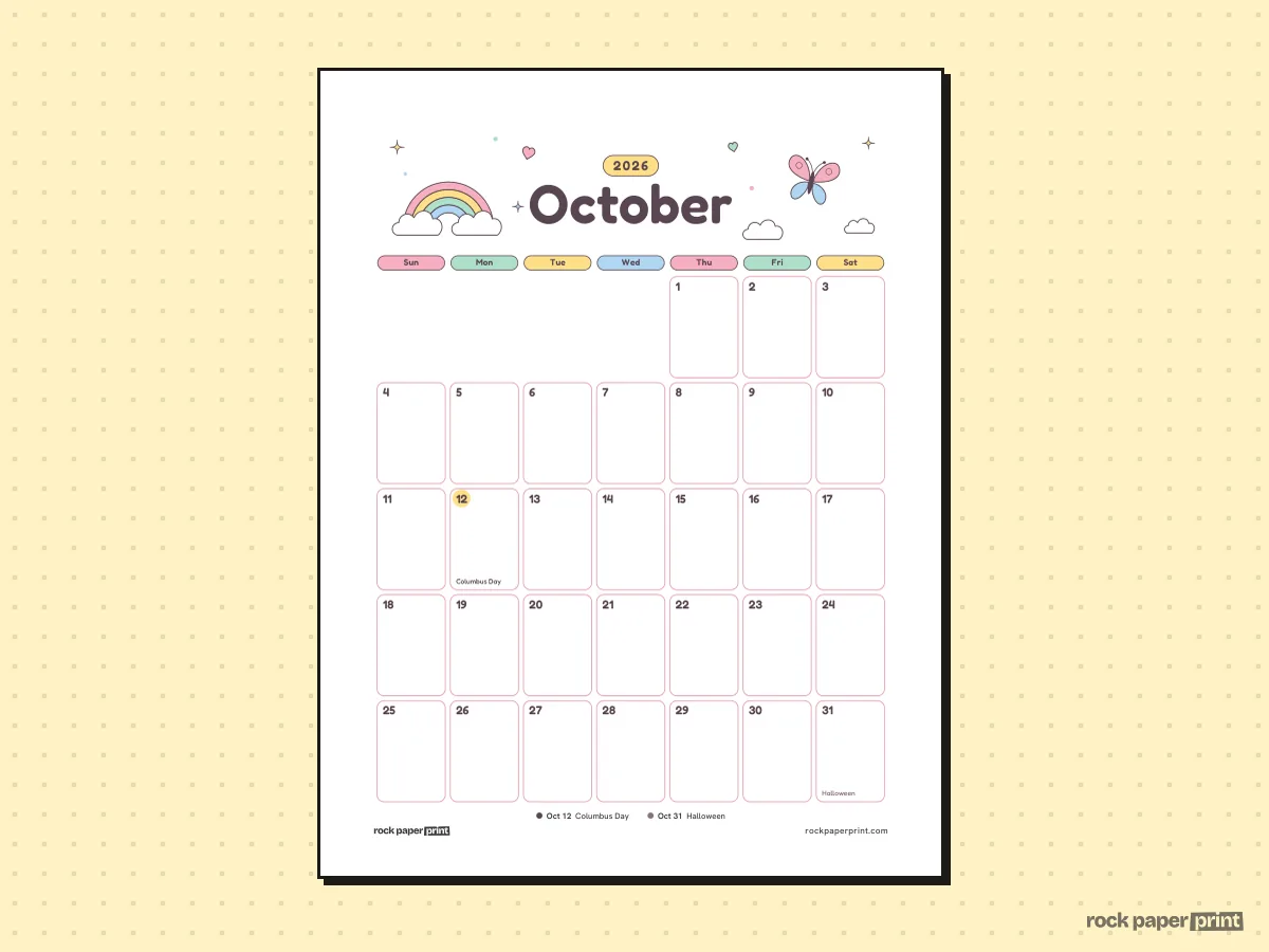 October 2026 Calendar with Holidays, Cute, printable PDF preview