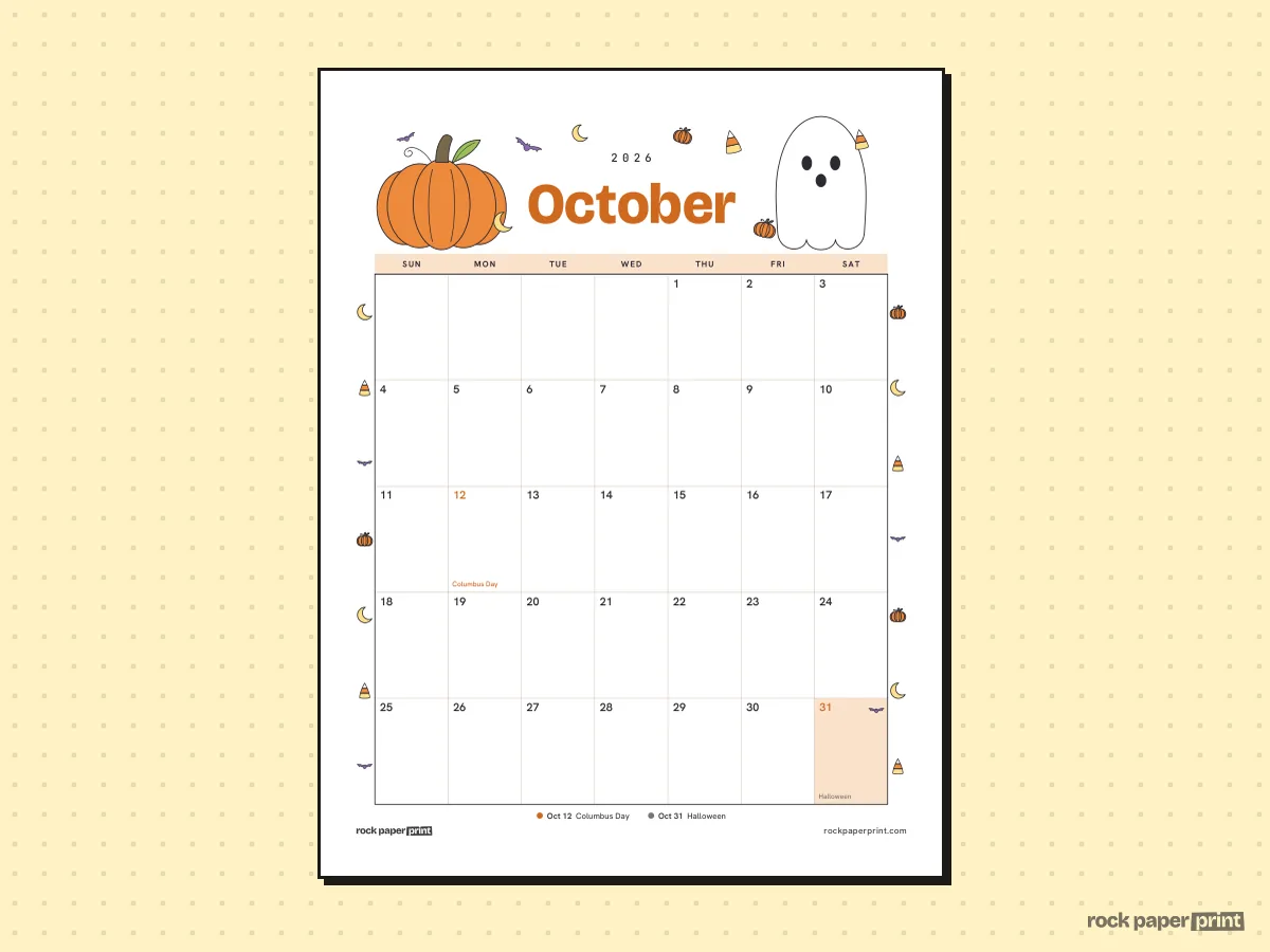 October 2026 Calendar with Holidays, Halloween, printable PDF preview