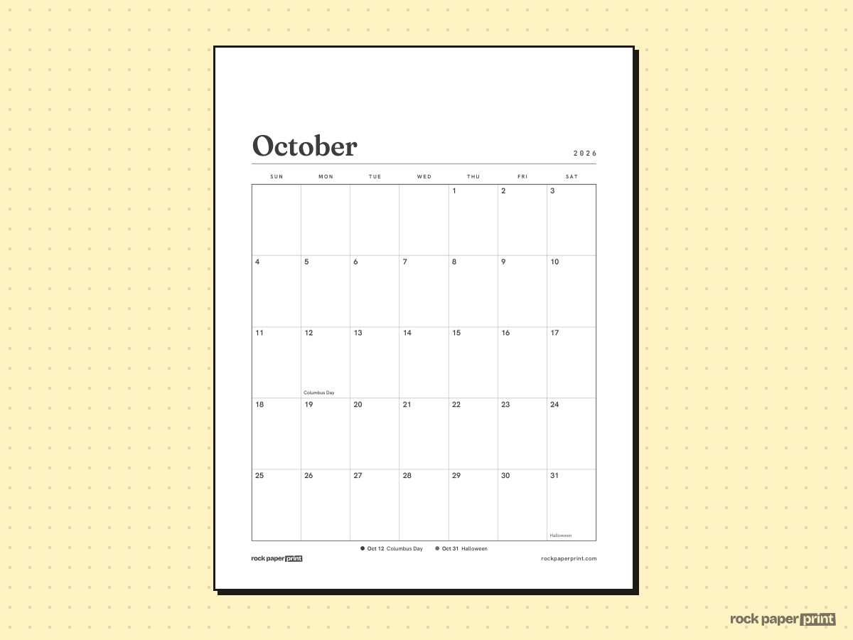 October 2026 Calendar with Holidays, Plain, printable PDF preview