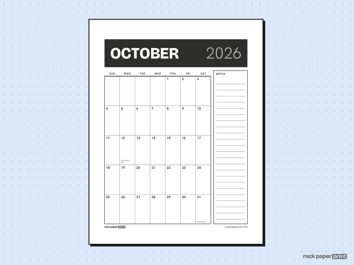 October 2026 Calendar with Notes, Bold header, printable PDF preview