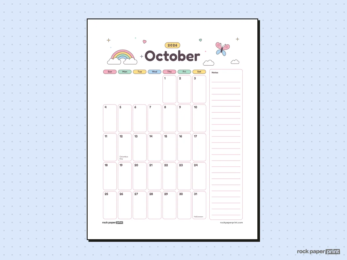 October 2026 Calendar with Notes, Cute, printable PDF preview