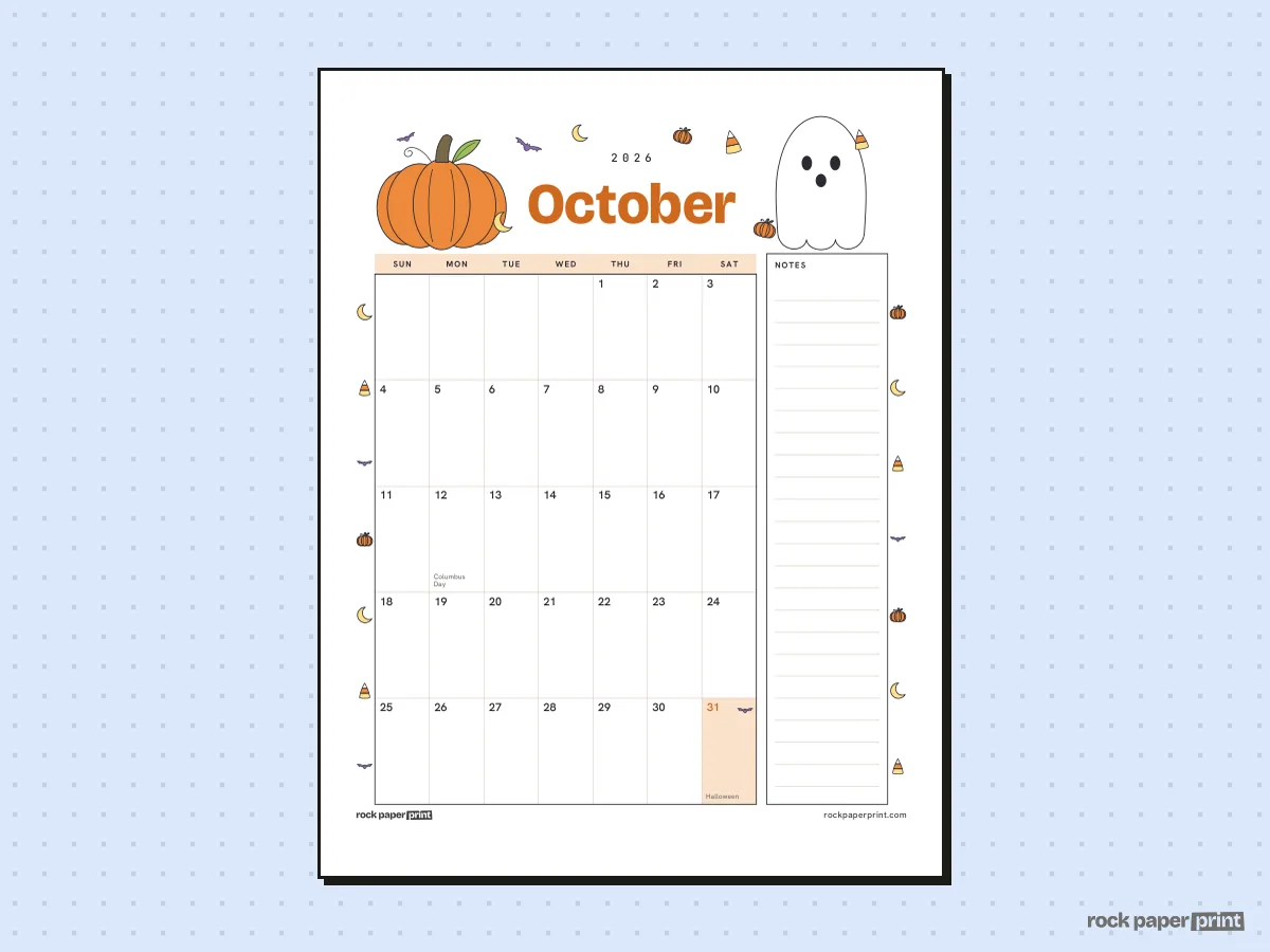 October 2026 Calendar with Notes, Halloween, printable PDF preview