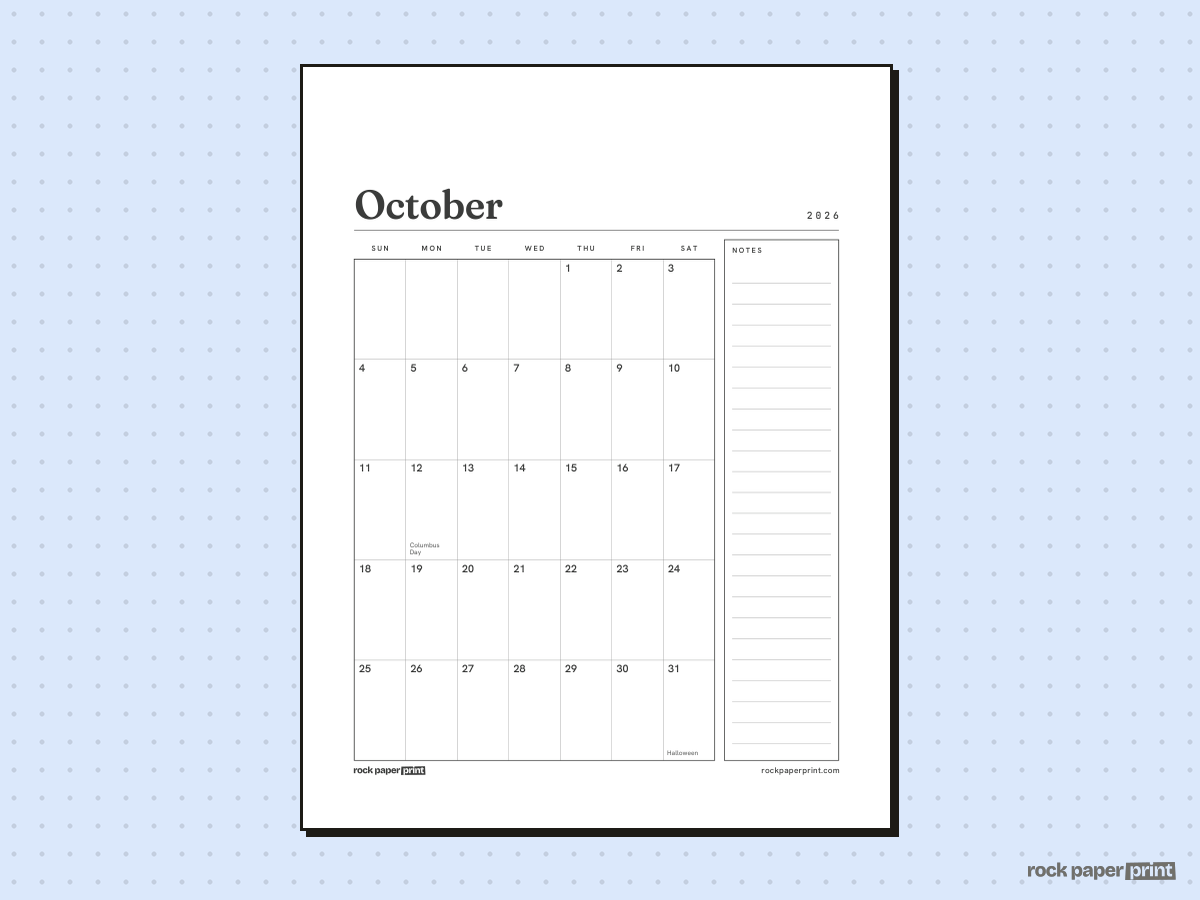 October 2026 Calendar with Notes, Plain, printable PDF preview
