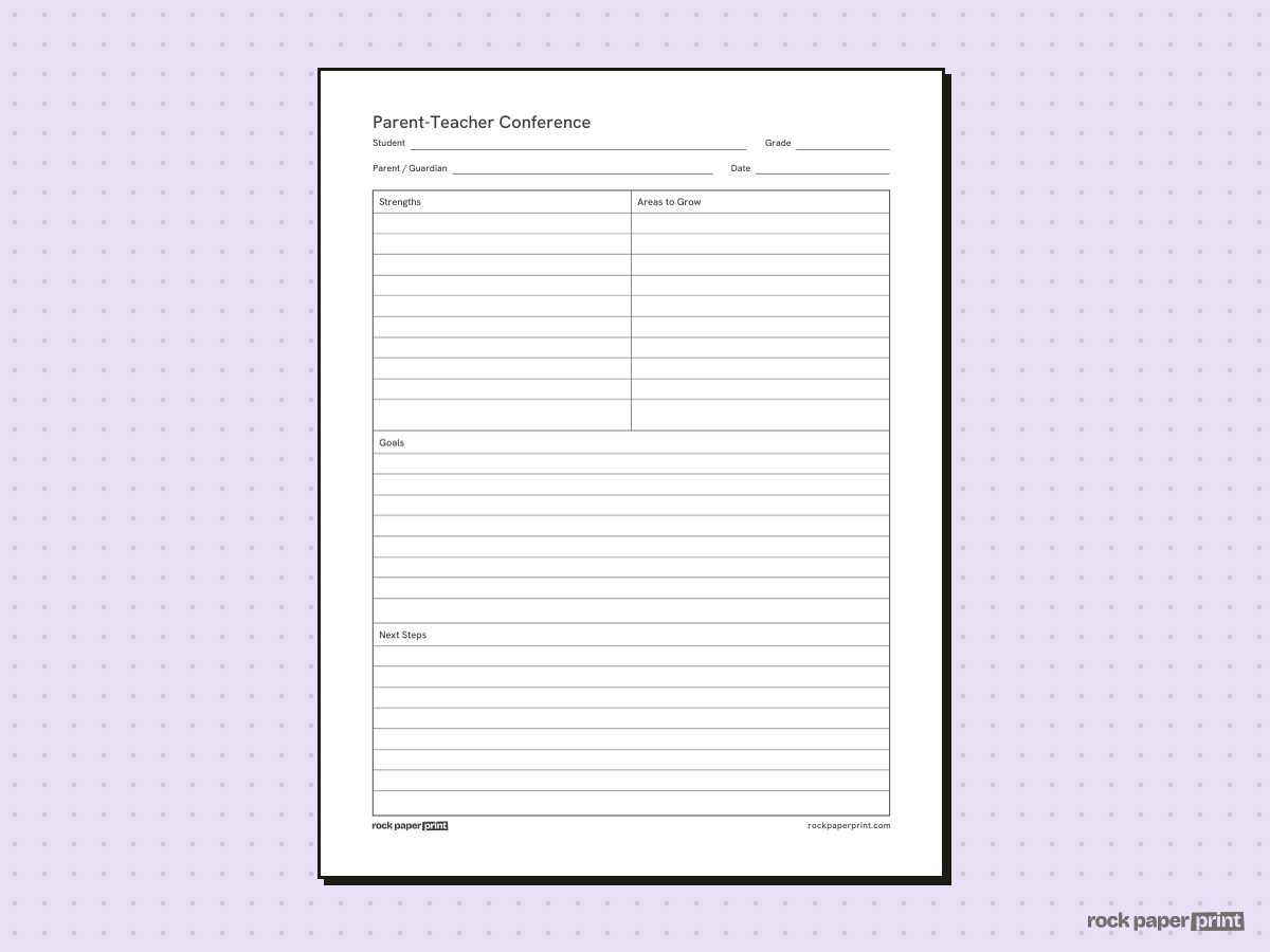 Parent-Teacher Conference Notes Template, black lines, printable PDF preview
