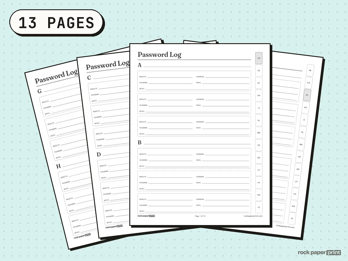 Password Log, Alphabetical Tabs, printable PDF preview