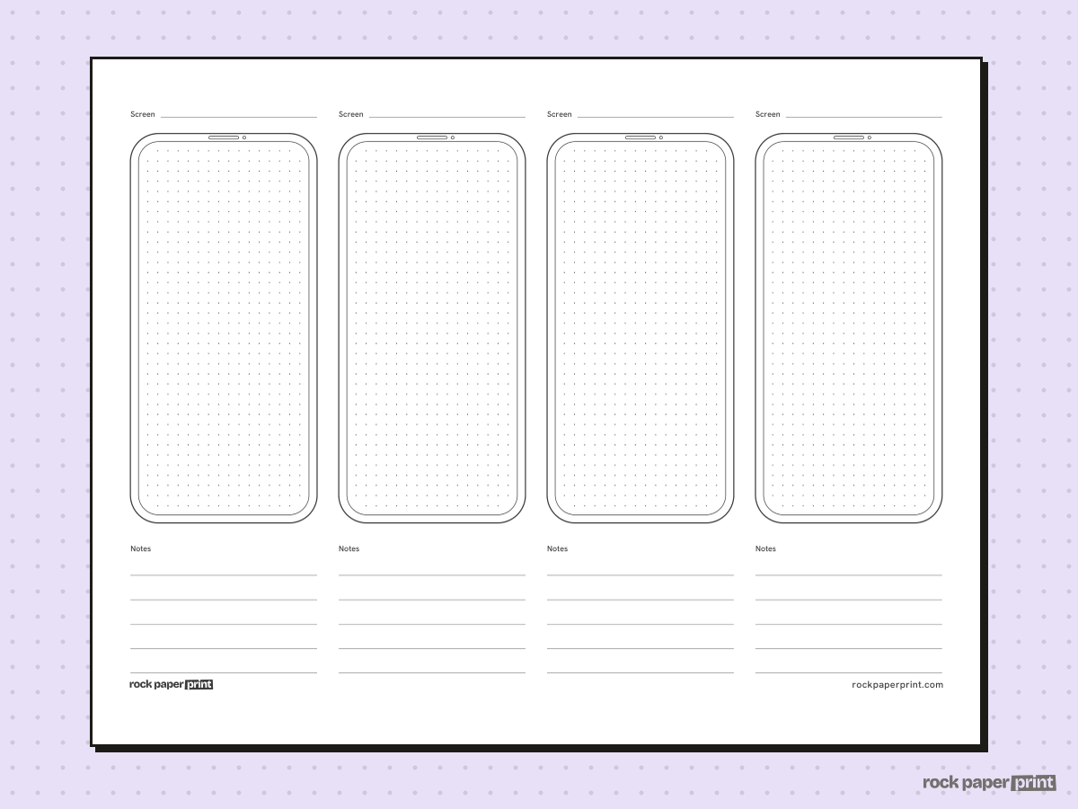 Phone Wireframe Template, black lines, printable PDF preview