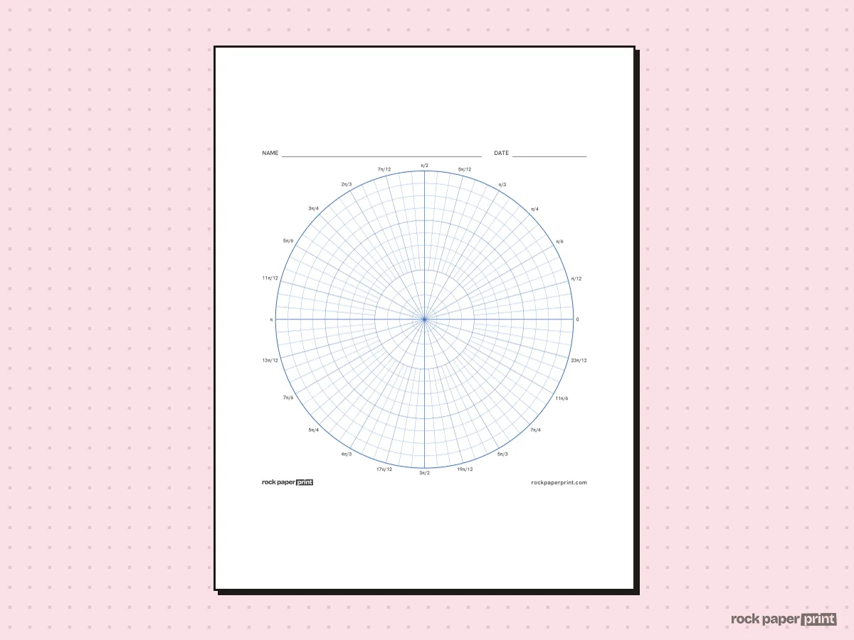 Polar Graph Paper in Radians, blue lines, printable PDF preview