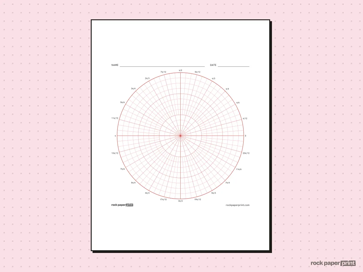 Polar Graph Paper in Radians, red lines, printable PDF preview