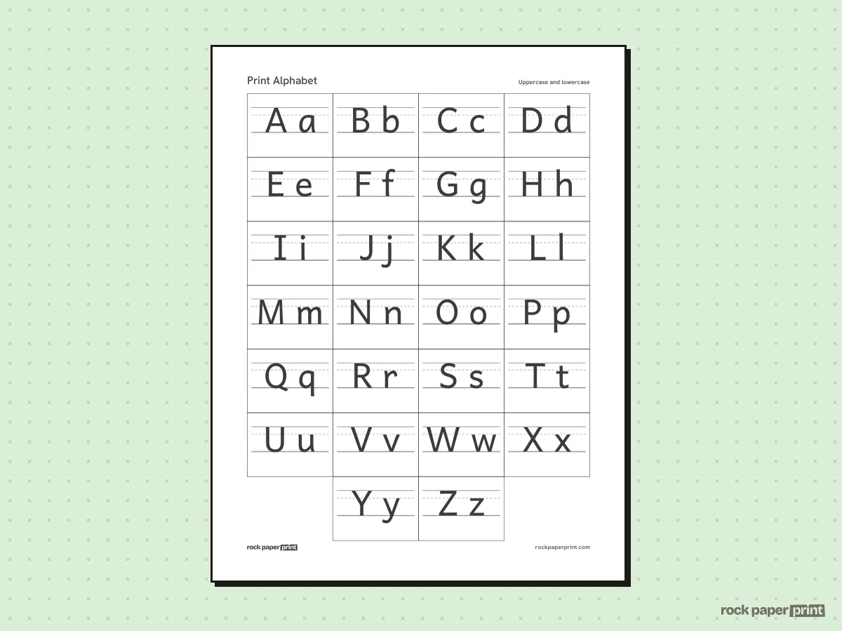 Print Handwriting Alphabet Chart, black lines, printable PDF preview