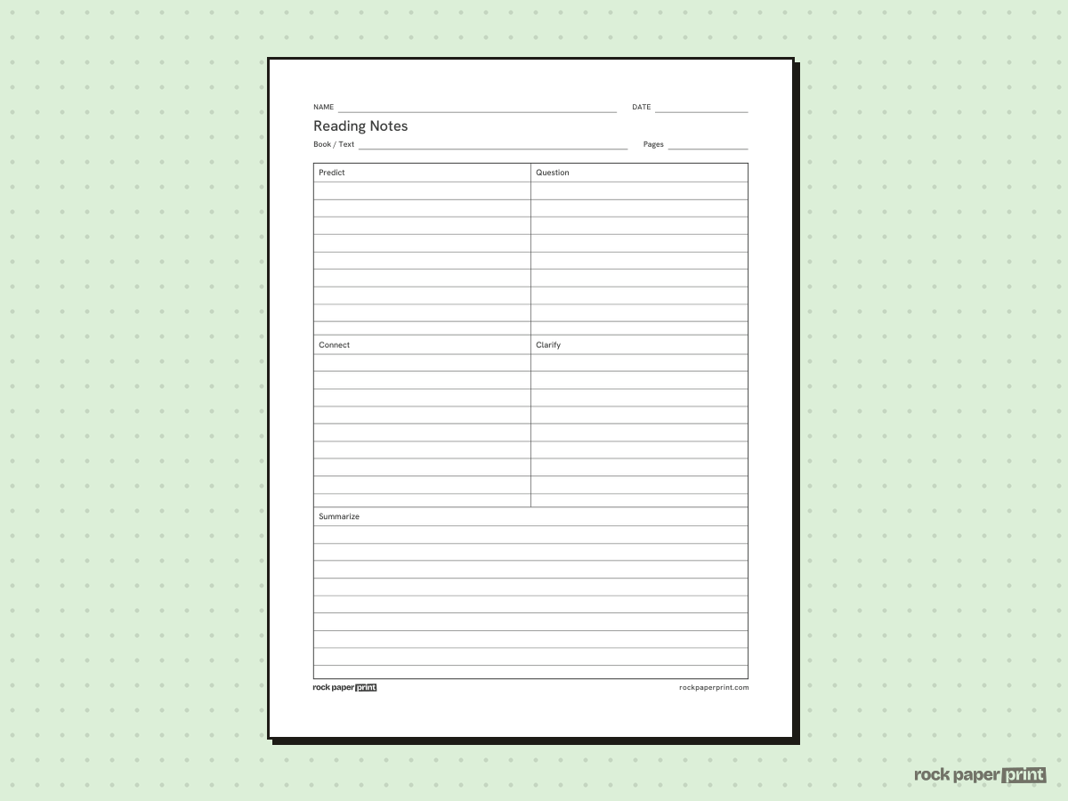 Reading Notes Template, black lines, printable PDF preview