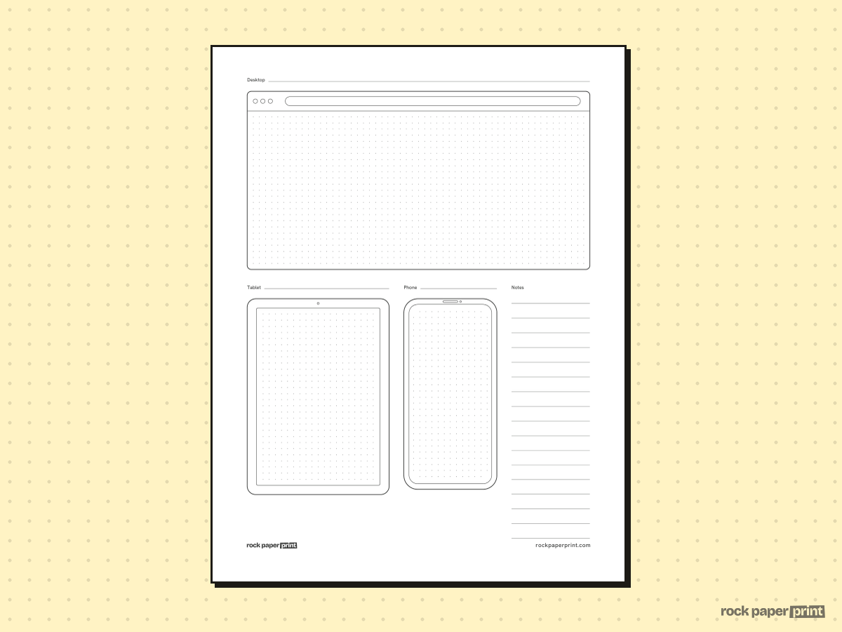 Responsive Wireframe Template, black lines, printable PDF preview