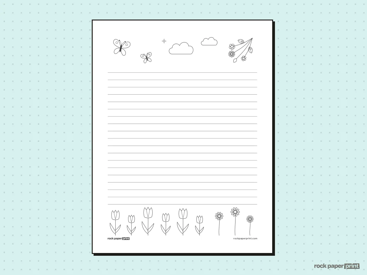 Spring Writing Paper, black lines, printable PDF preview