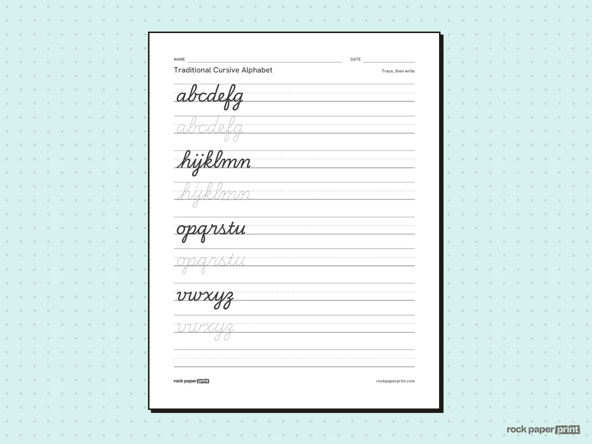Traditional Cursive Worksheets, black lines, printable PDF preview