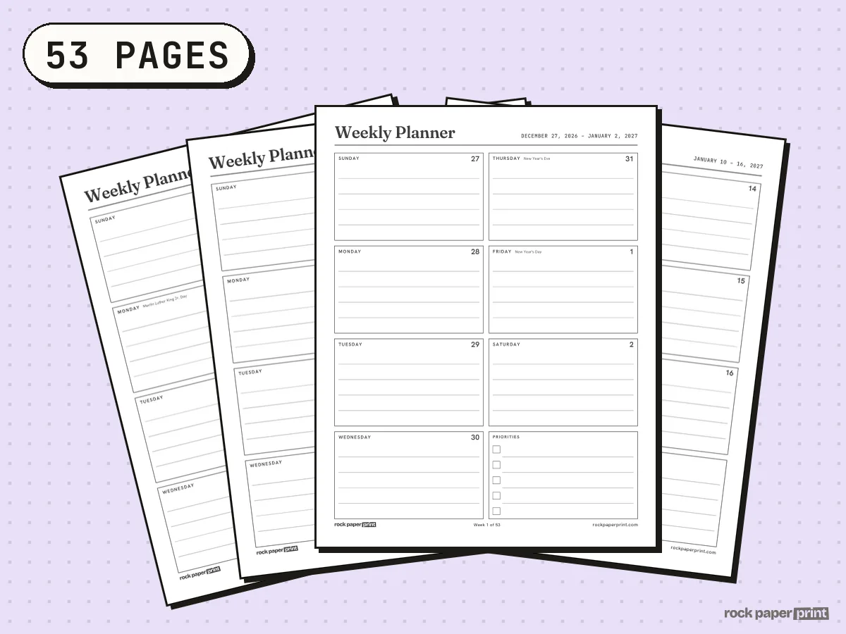 Weekly Planner, 2027 Dated, printable PDF preview