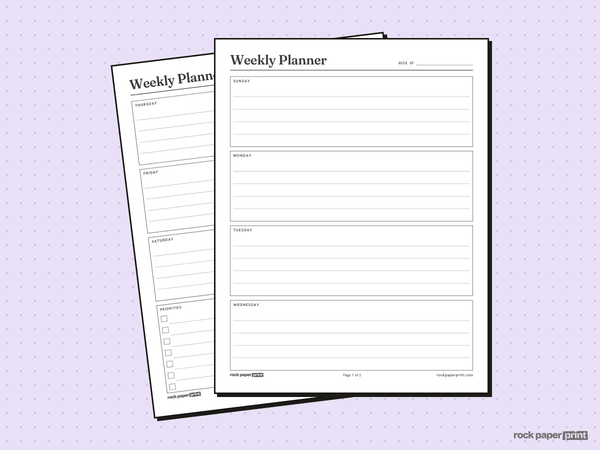 Weekly Planner, Week on Two Pages, printable PDF preview
