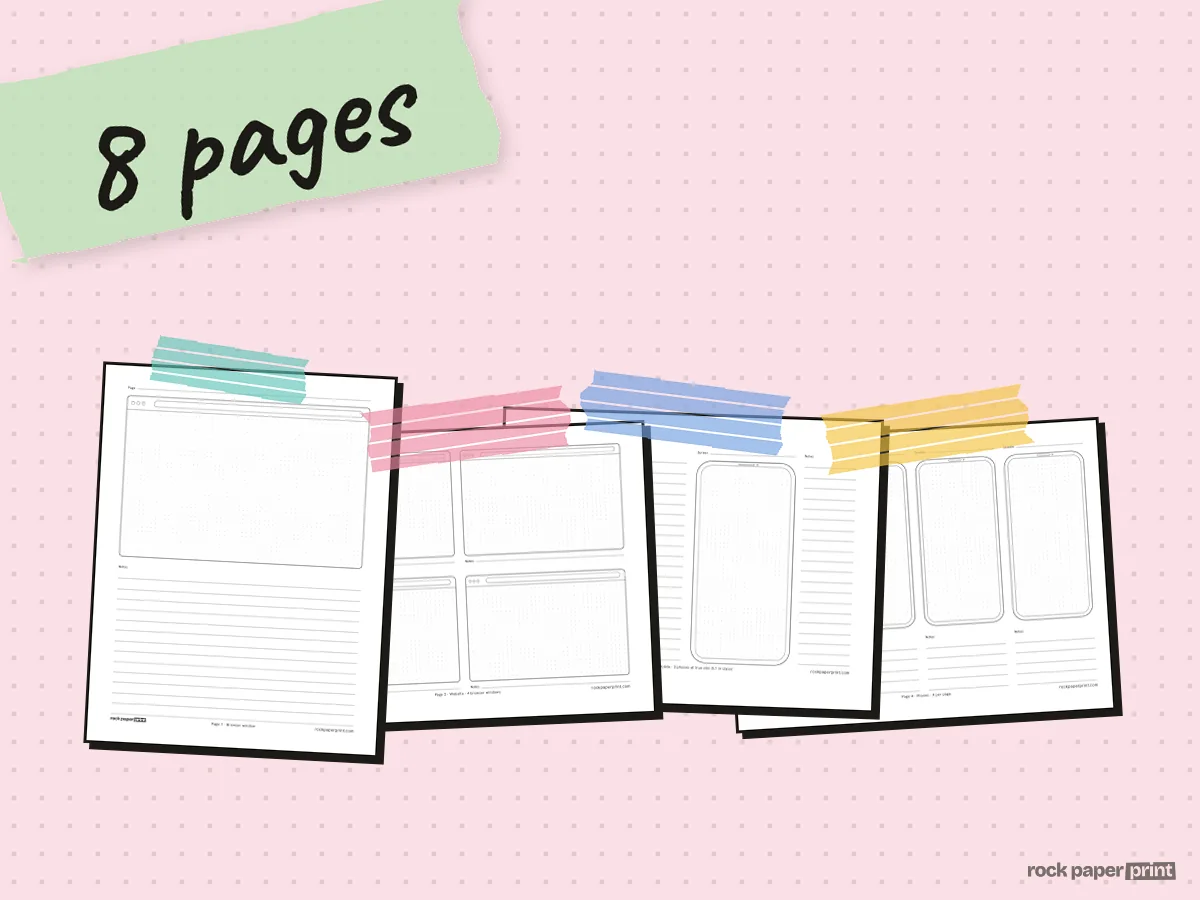 Wireframe Sketchbook, black lines, printable PDF preview