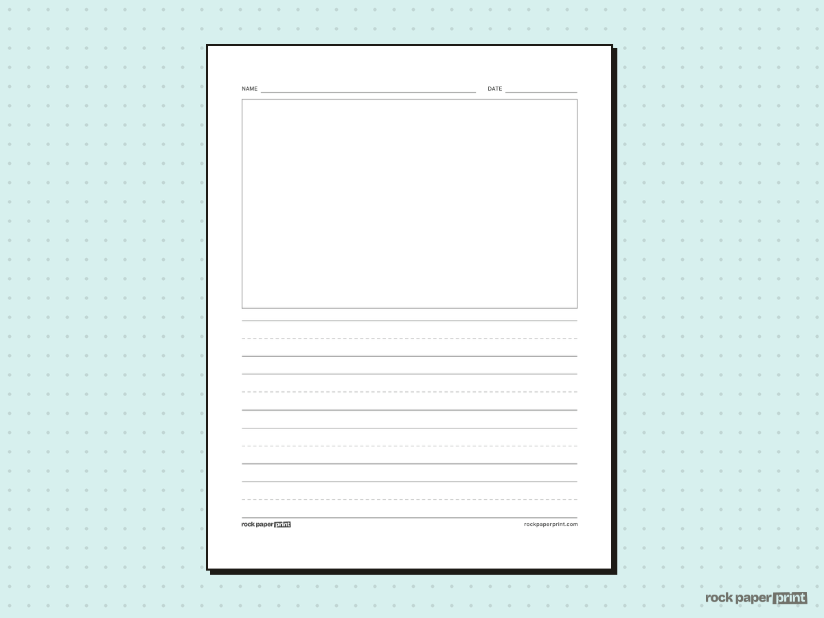 Writing Paper with Picture Box, black lines, printable PDF preview
