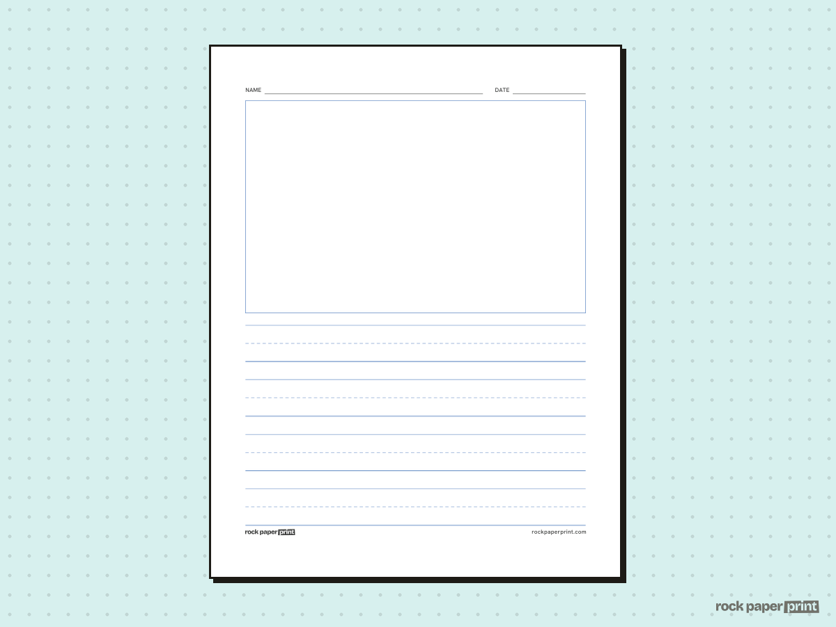 Writing Paper with Picture Box, classic blue lines, printable PDF preview