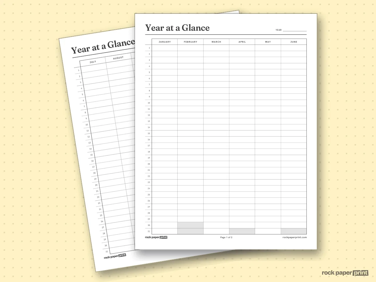 Yearly Planner, Two Pages (6 + 6), printable PDF preview