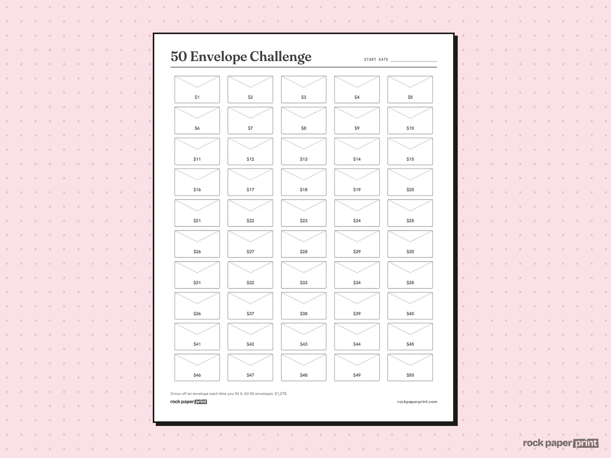 100 Envelope Challenge Chart, 50 Envelopes, printable PDF preview