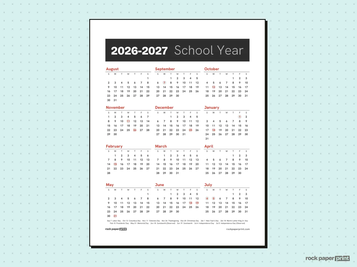 2026-2027 Academic Calendar, Bold header, printable PDF preview