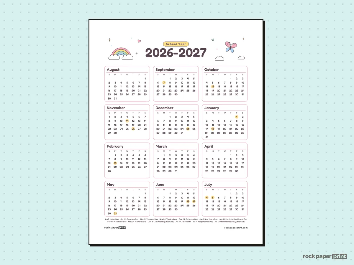 2026-2027 Academic Calendar, Cute, printable PDF preview