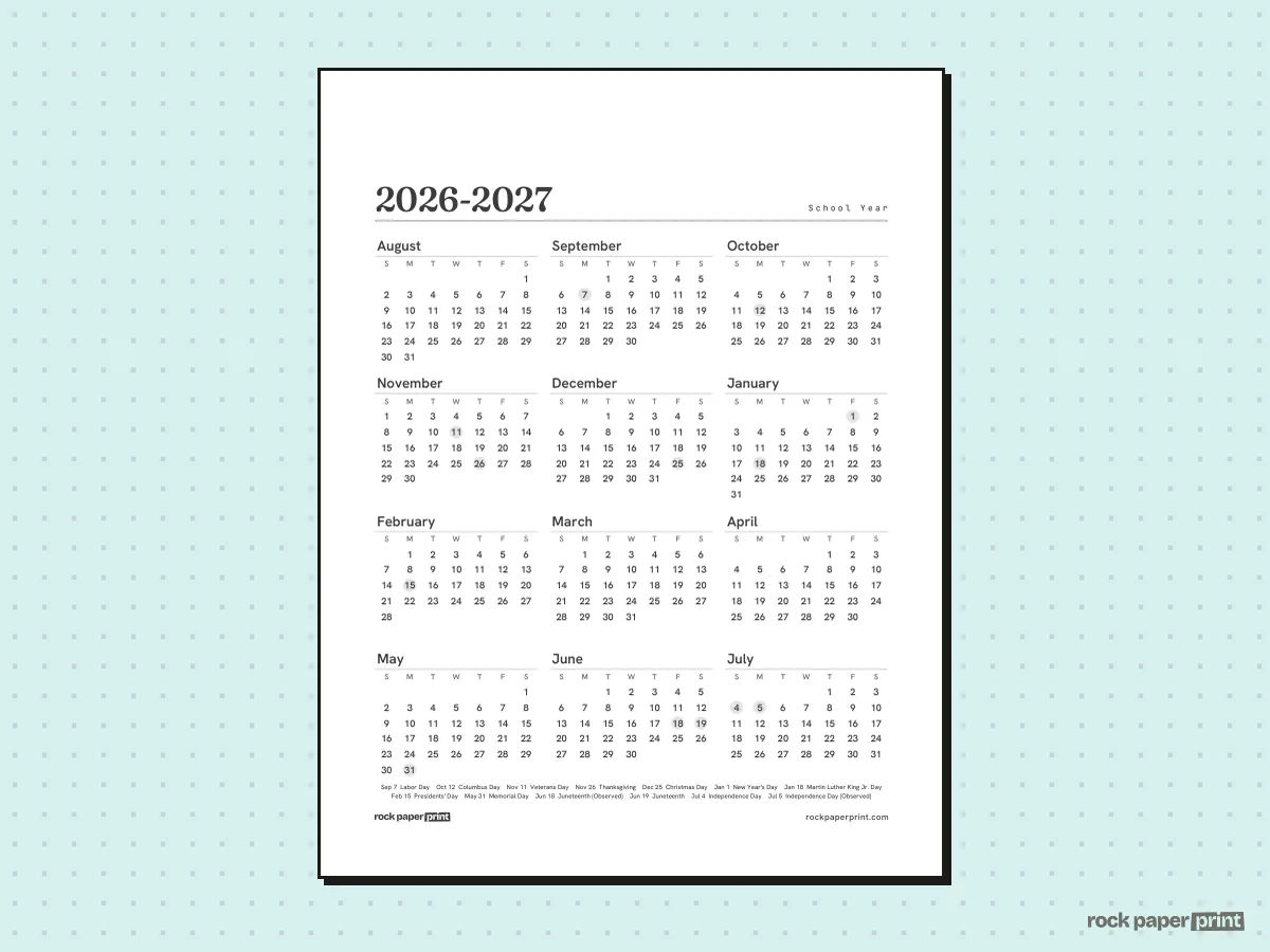 2026-2027 Academic Calendar, Plain, printable PDF preview