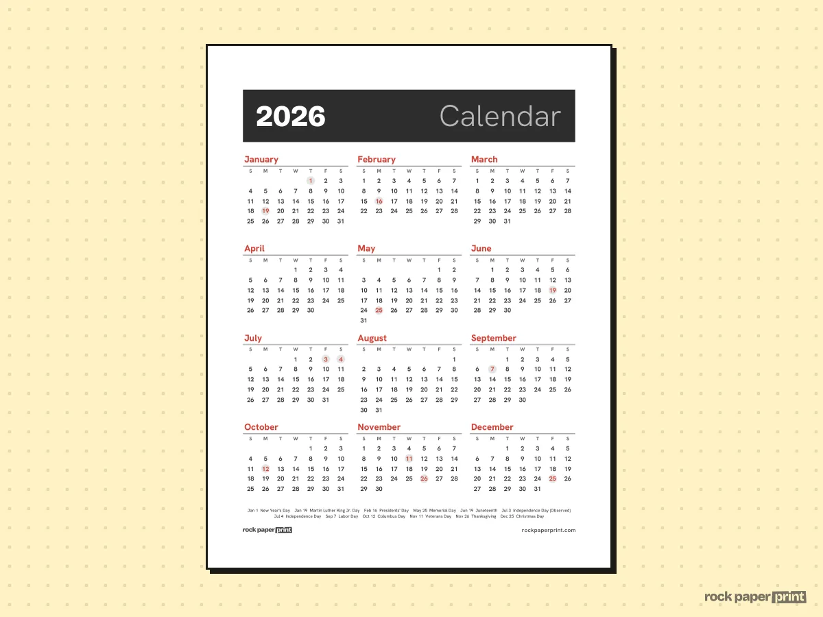 2026 Calendar, Bold header, printable PDF preview
