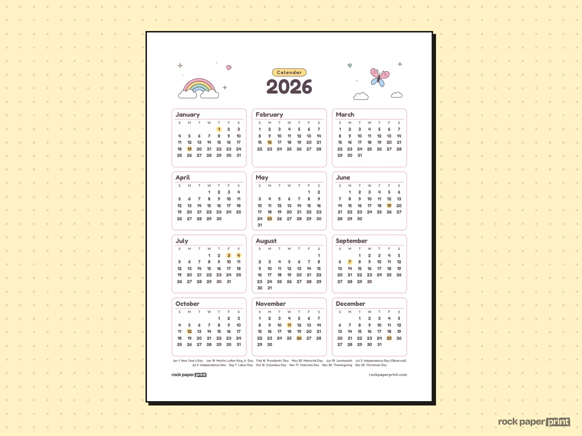 2026 Calendar, Cute, printable PDF preview