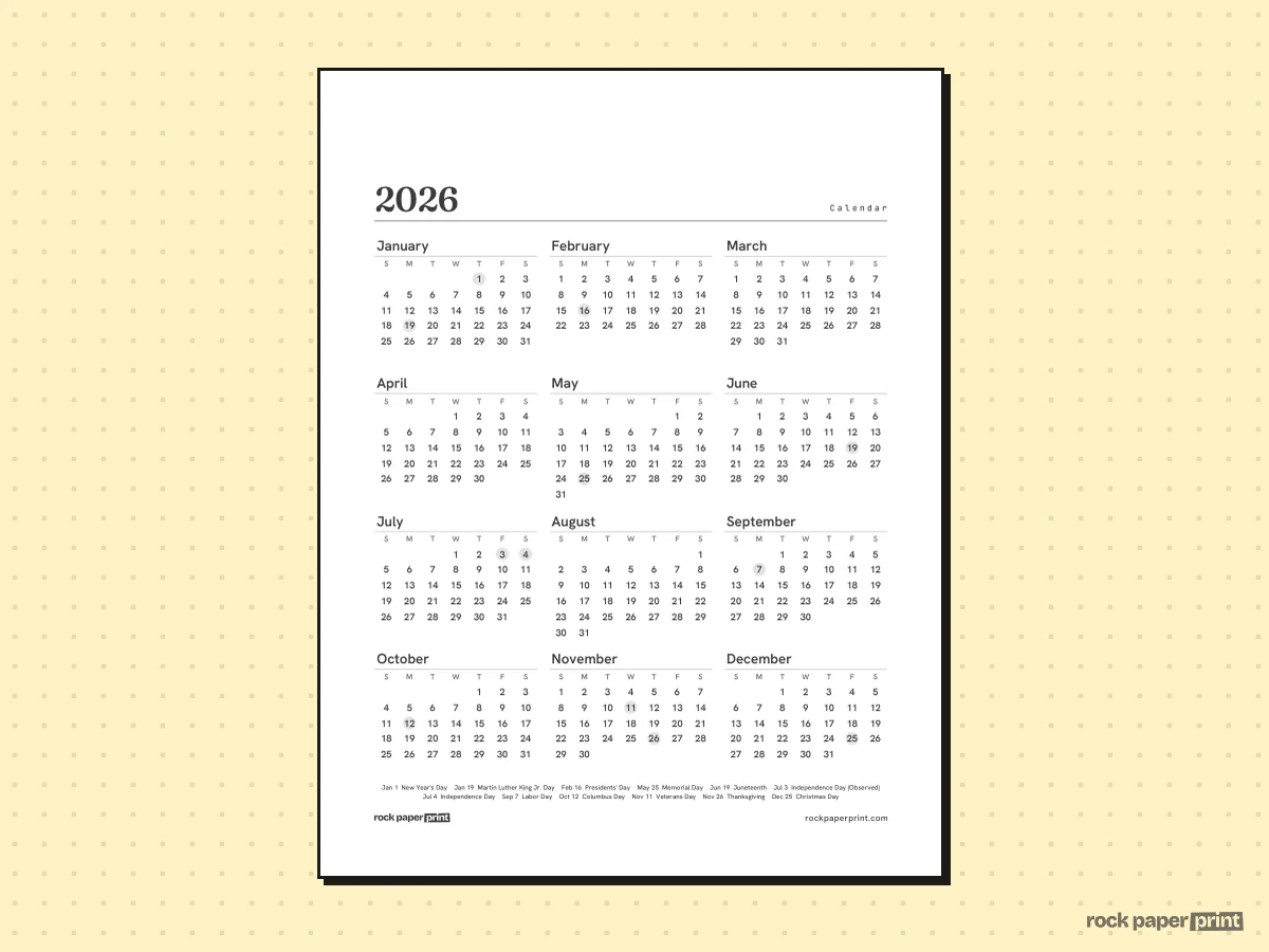 2026 Calendar, Plain, printable PDF preview