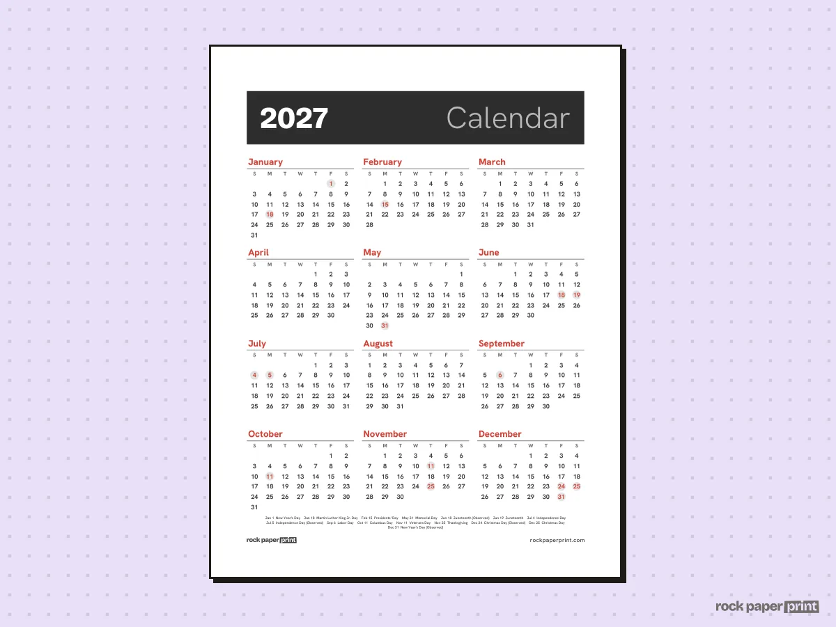 2027 Calendar, Bold header, printable PDF preview