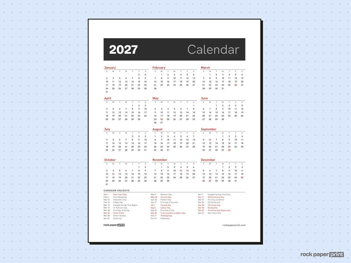 2027 Calendar with Canadian Holidays, Bold header, printable PDF preview