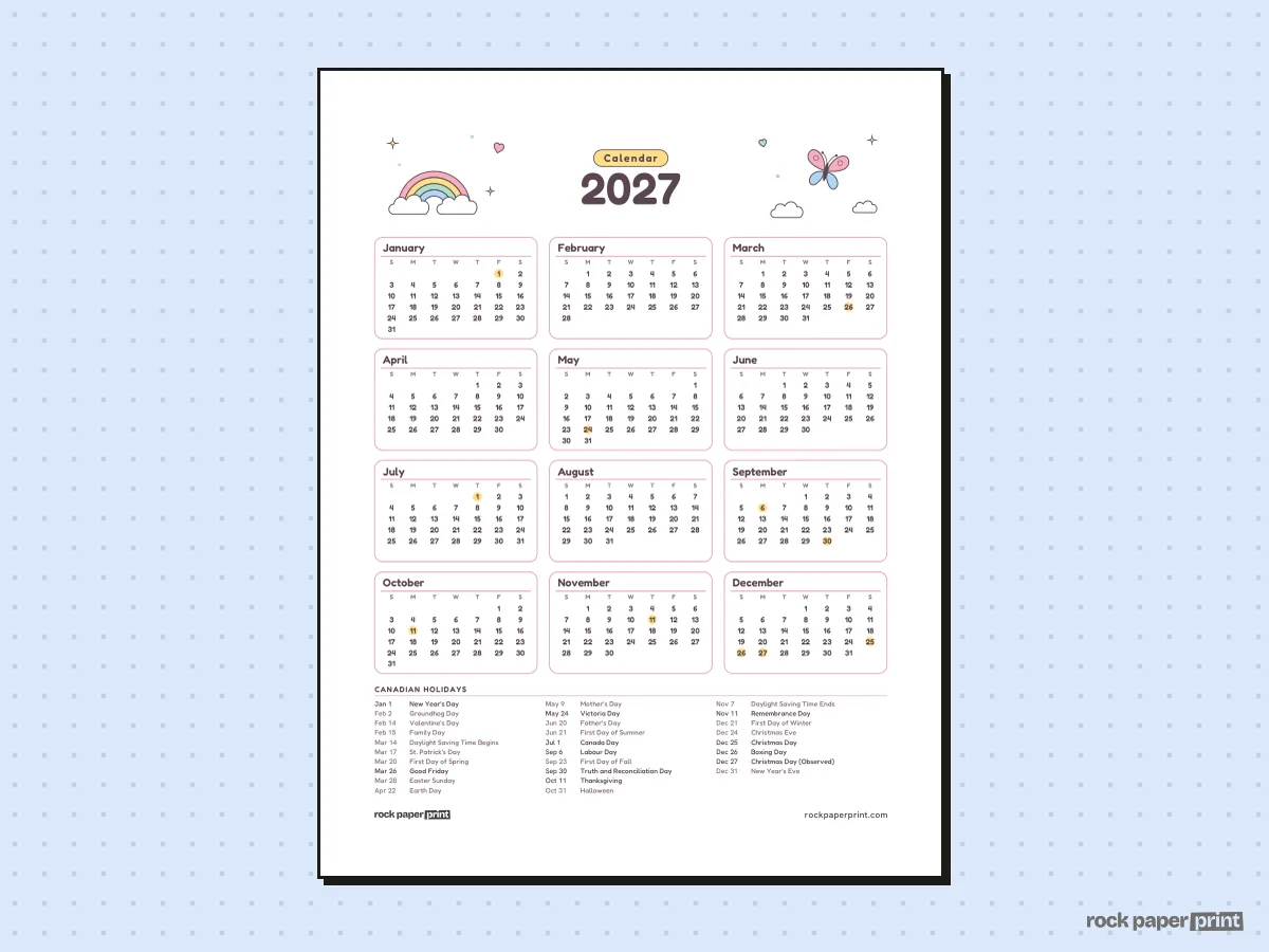 2027 Calendar with Canadian Holidays, Cute, printable PDF preview