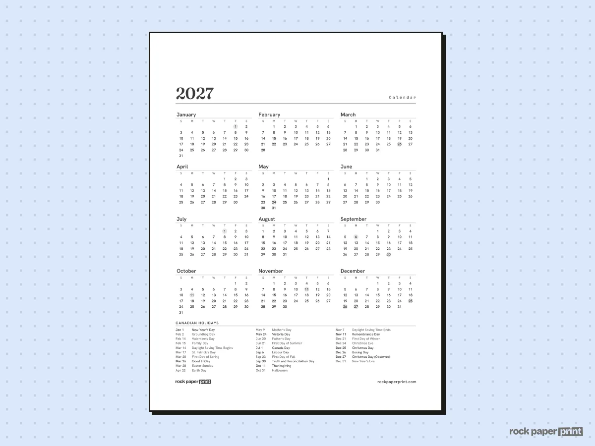 2027 Calendar with Canadian Holidays, Plain, printable PDF preview