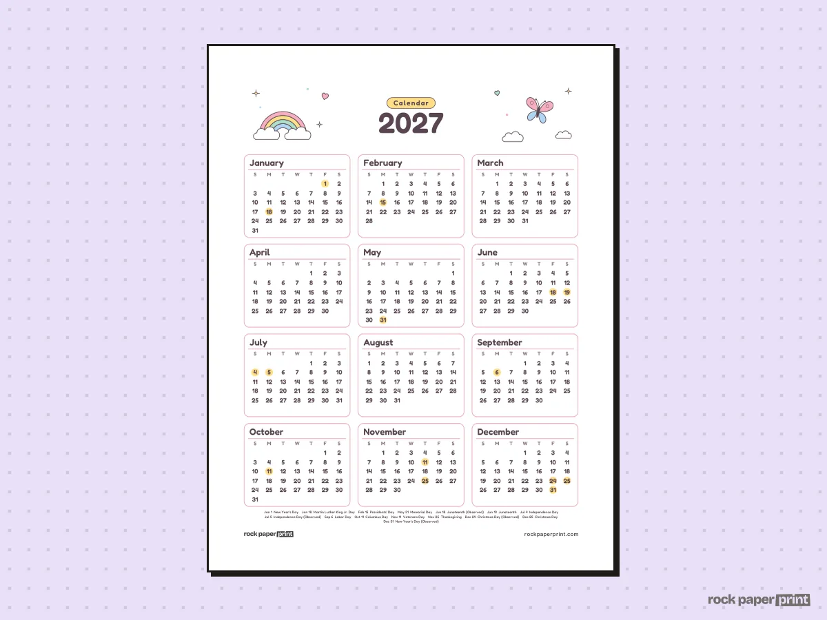 2027 Calendar, Cute, printable PDF preview