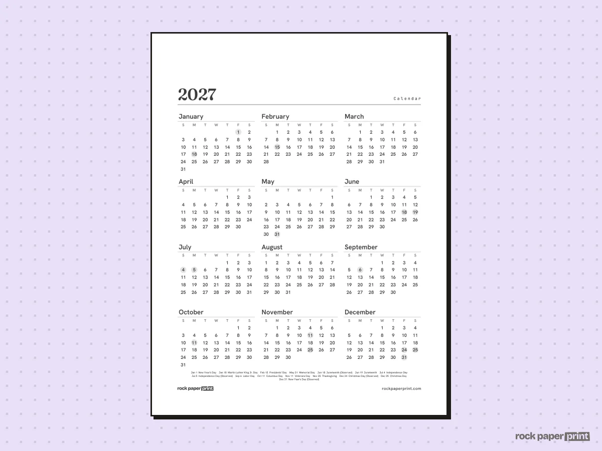 2027 Calendar, Plain, printable PDF preview